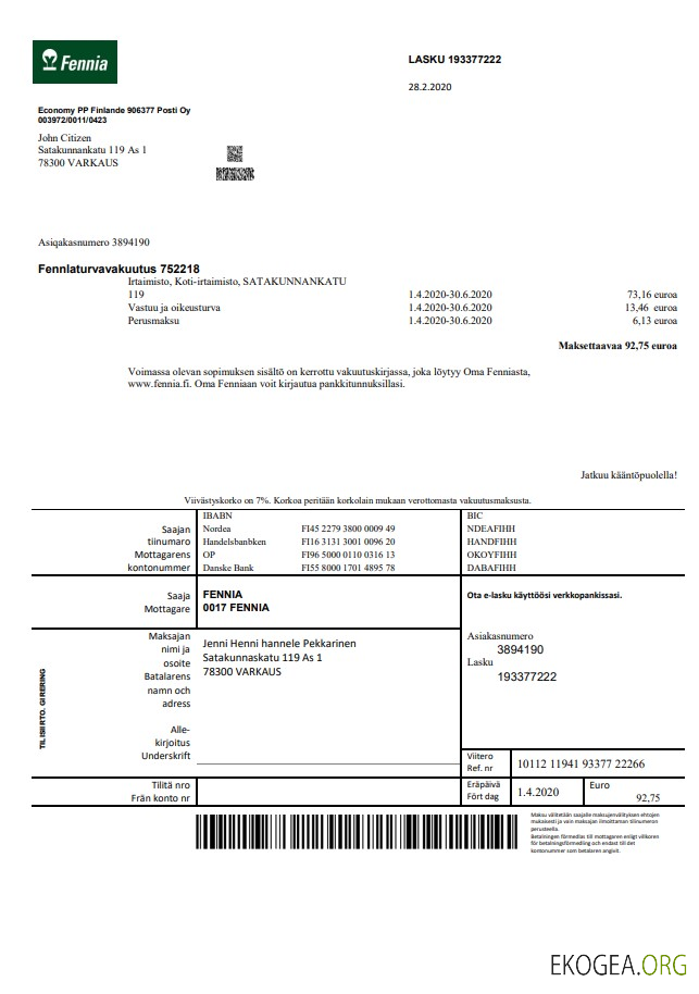 Finland Fennia Insurance company bill template in Word and PDF format